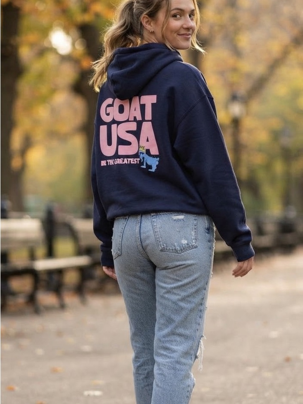 GOAT USA Navy Hoodie Sweater with Pink Graphic